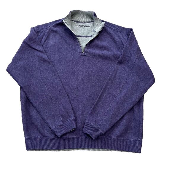 Tommy Bahama Men’s 1/4 Zip Sweater Large Reversible Cotton Purple Gray Mock Neck - Picture 1 of 9